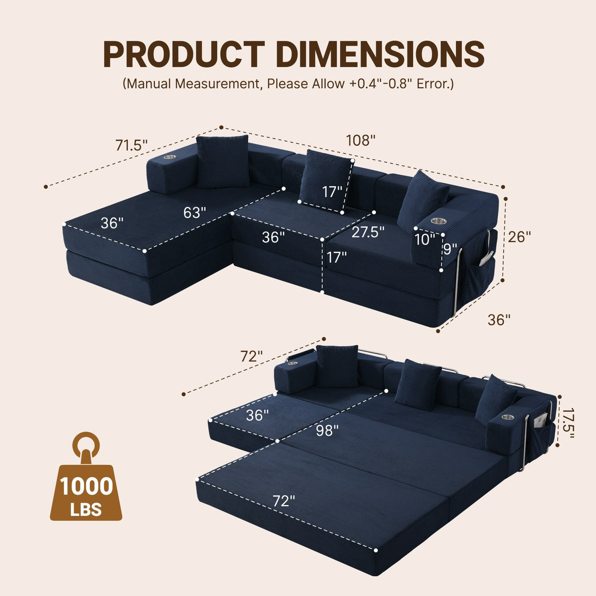 Corduroy Boneless Couch — 4-Seat — Blue