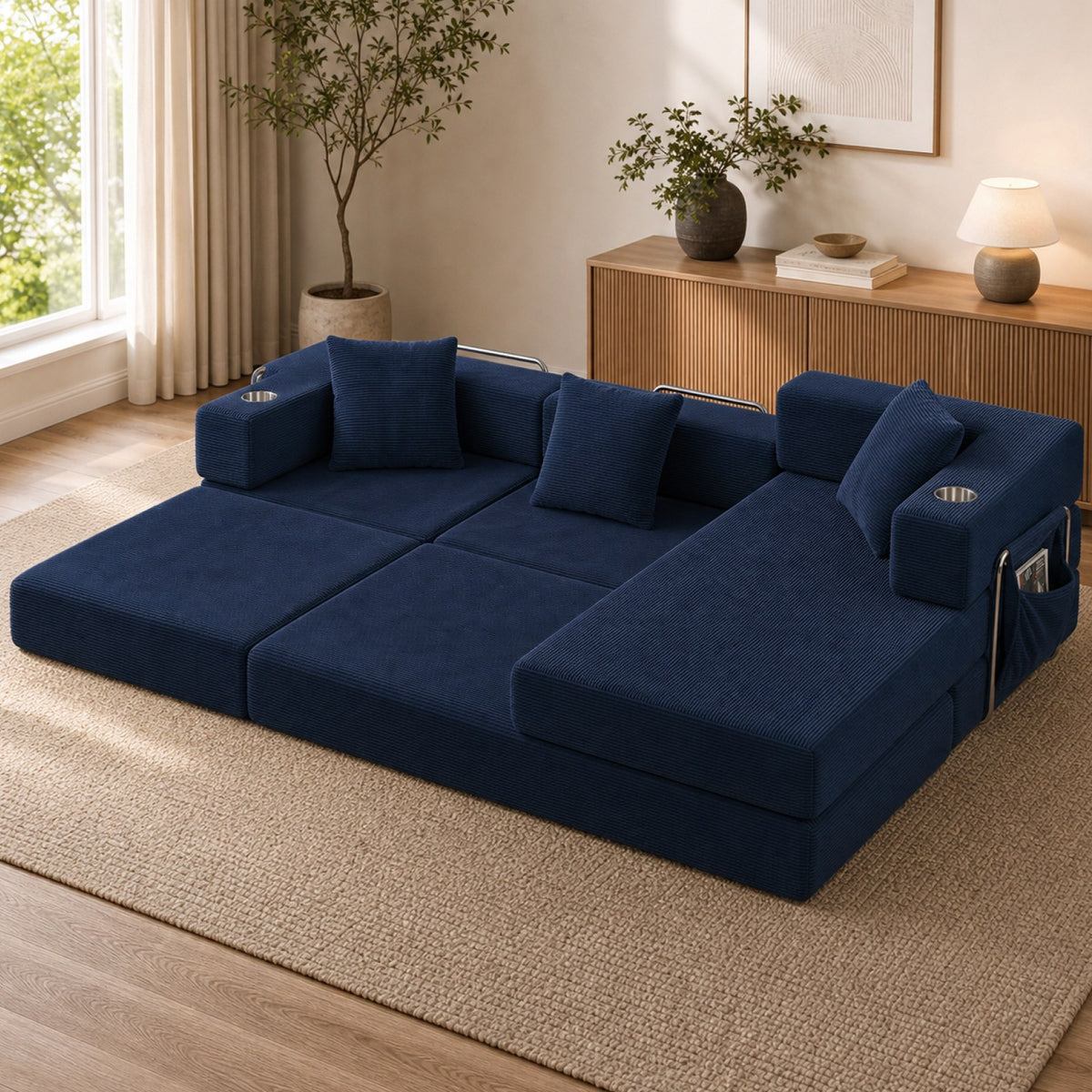 Corduroy Boneless Couch — 4-Seat — Blue