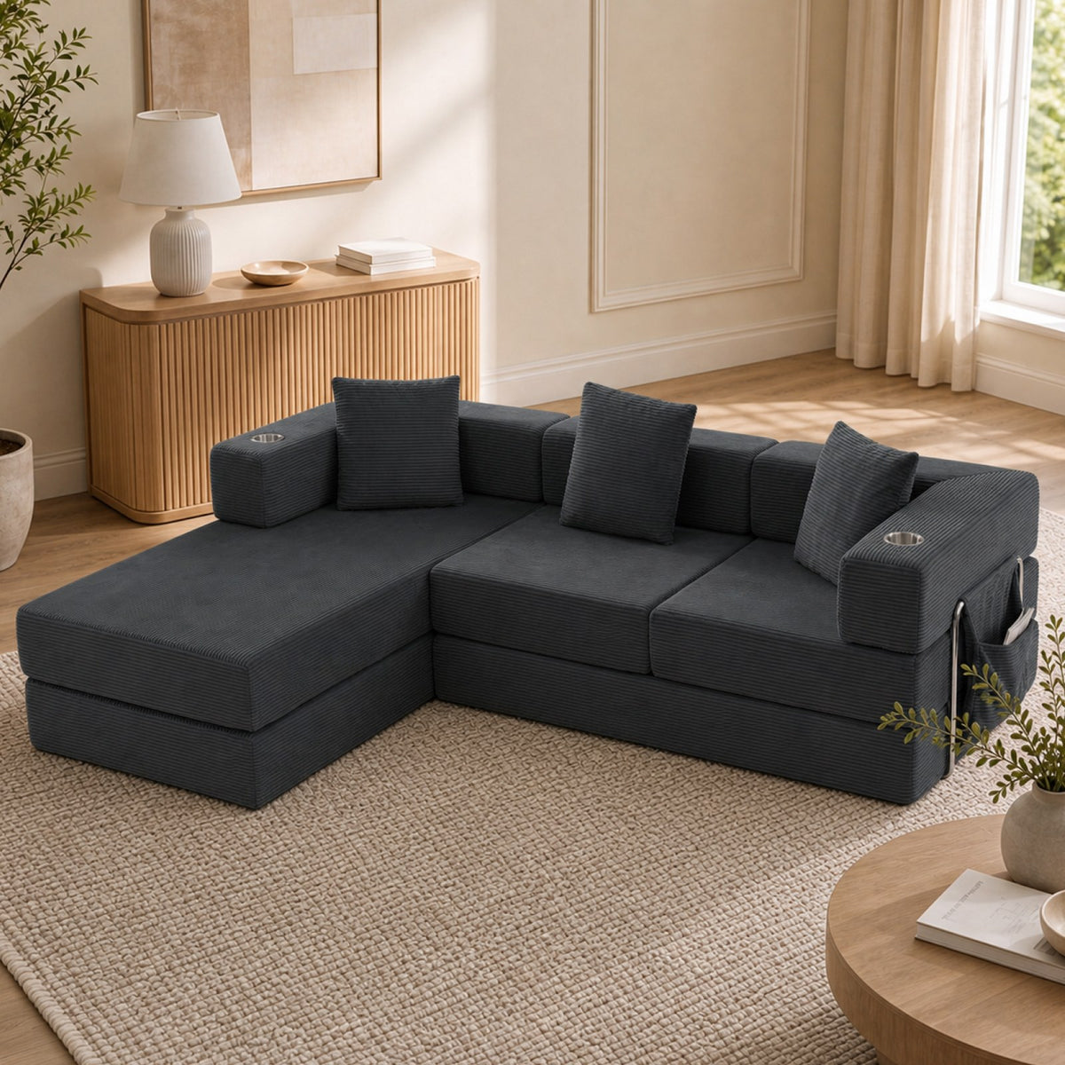 Corduroy Boneless Couch — 4-Seat — Gray