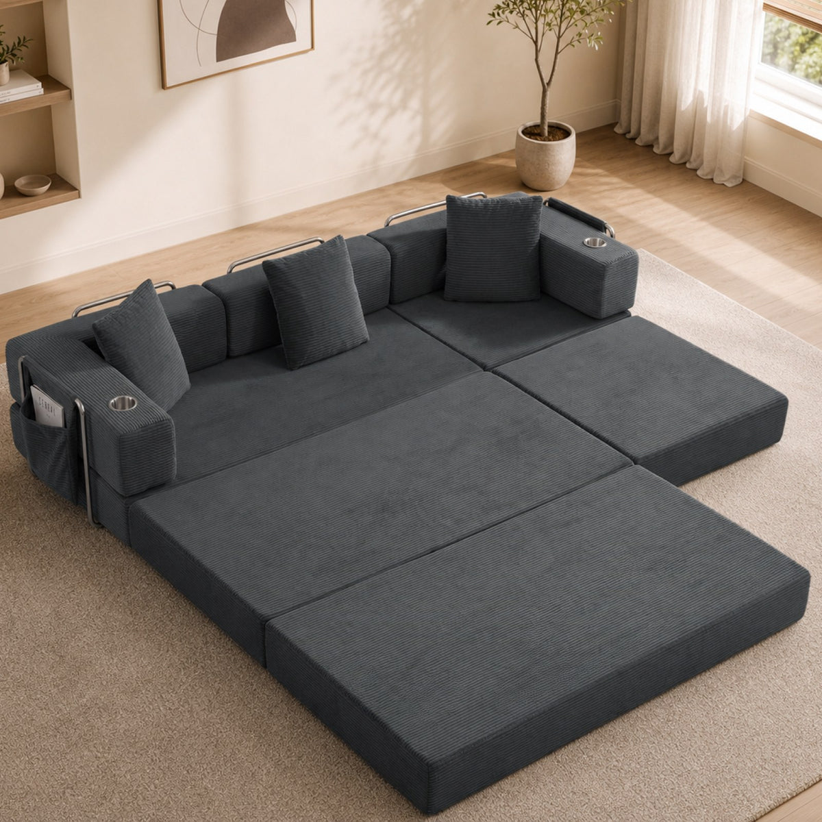 Corduroy Boneless Couch — 4-Seat — Gray