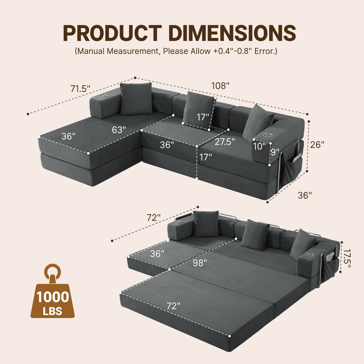 Corduroy Boneless Couch — 4-Seat — Gray