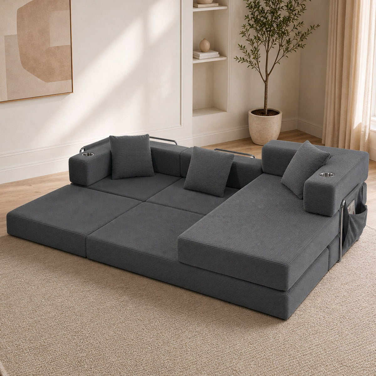 Corduroy Boneless Couch — 4-Seat — Gray
