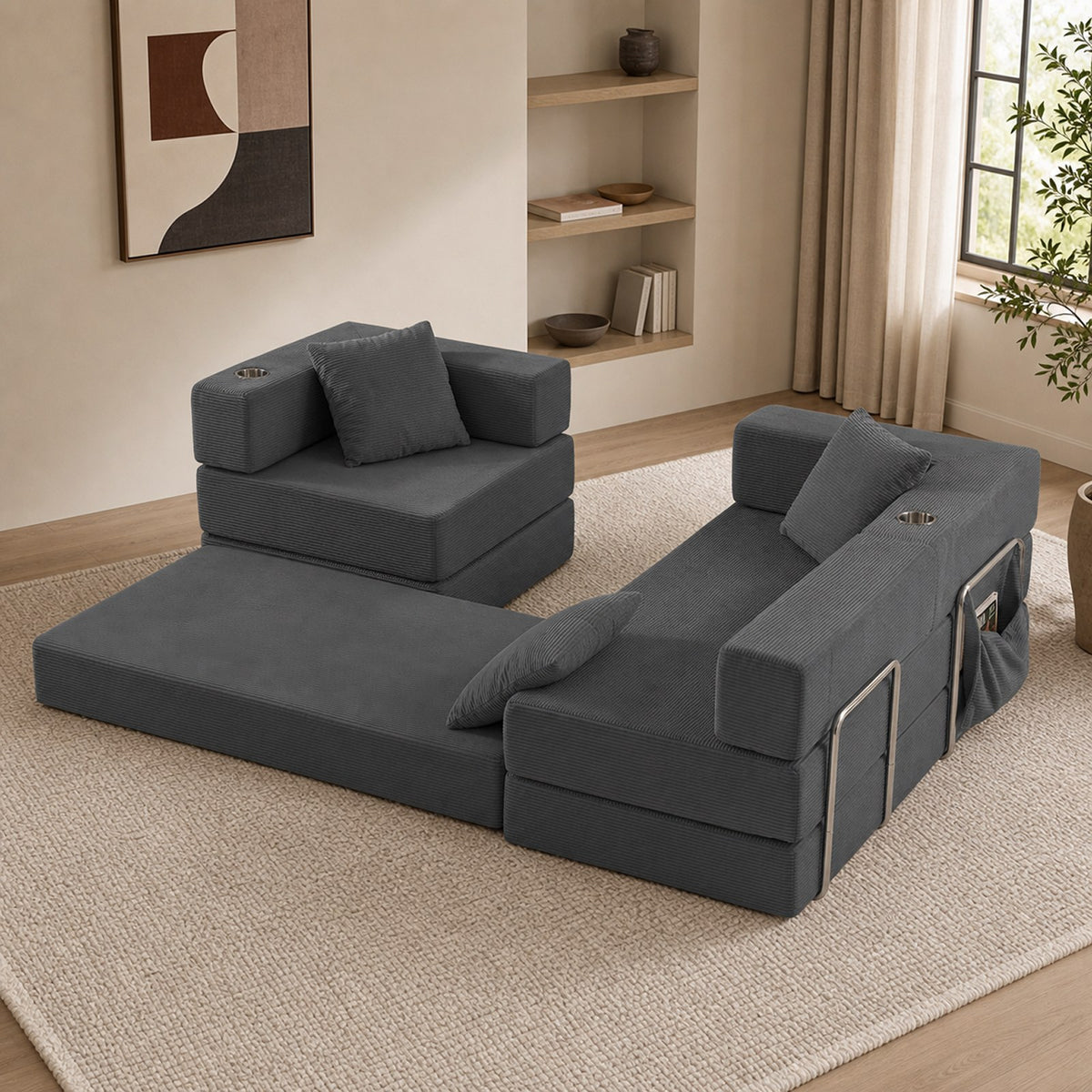Corduroy Boneless Couch — 4-Seat — Gray