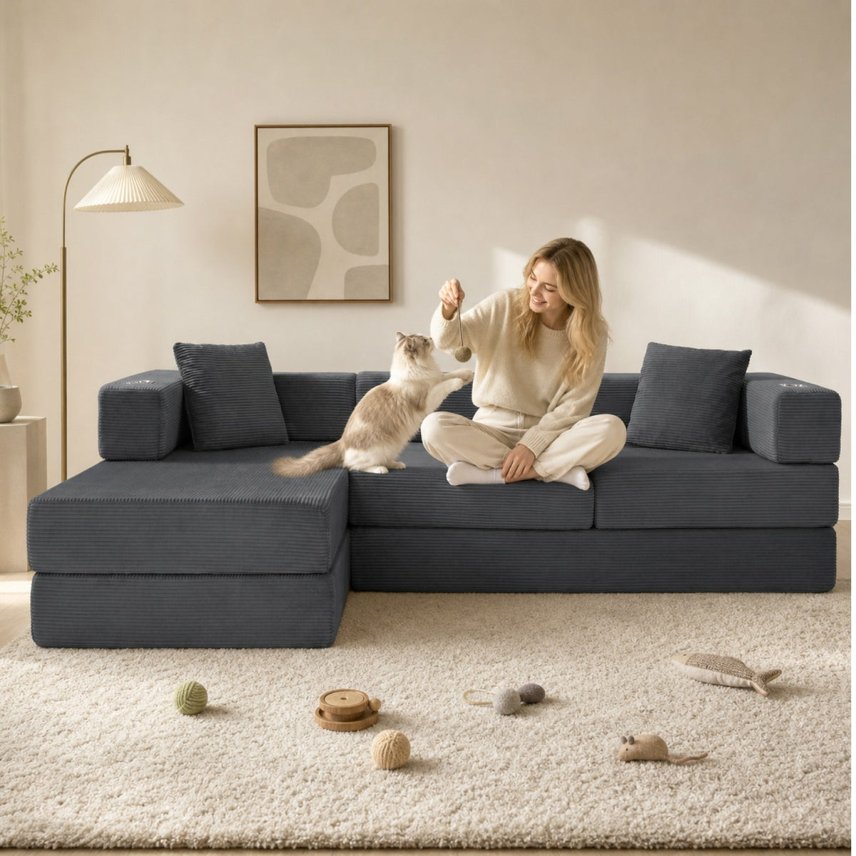 Corduroy Boneless Couch — 4-Seat — Gray