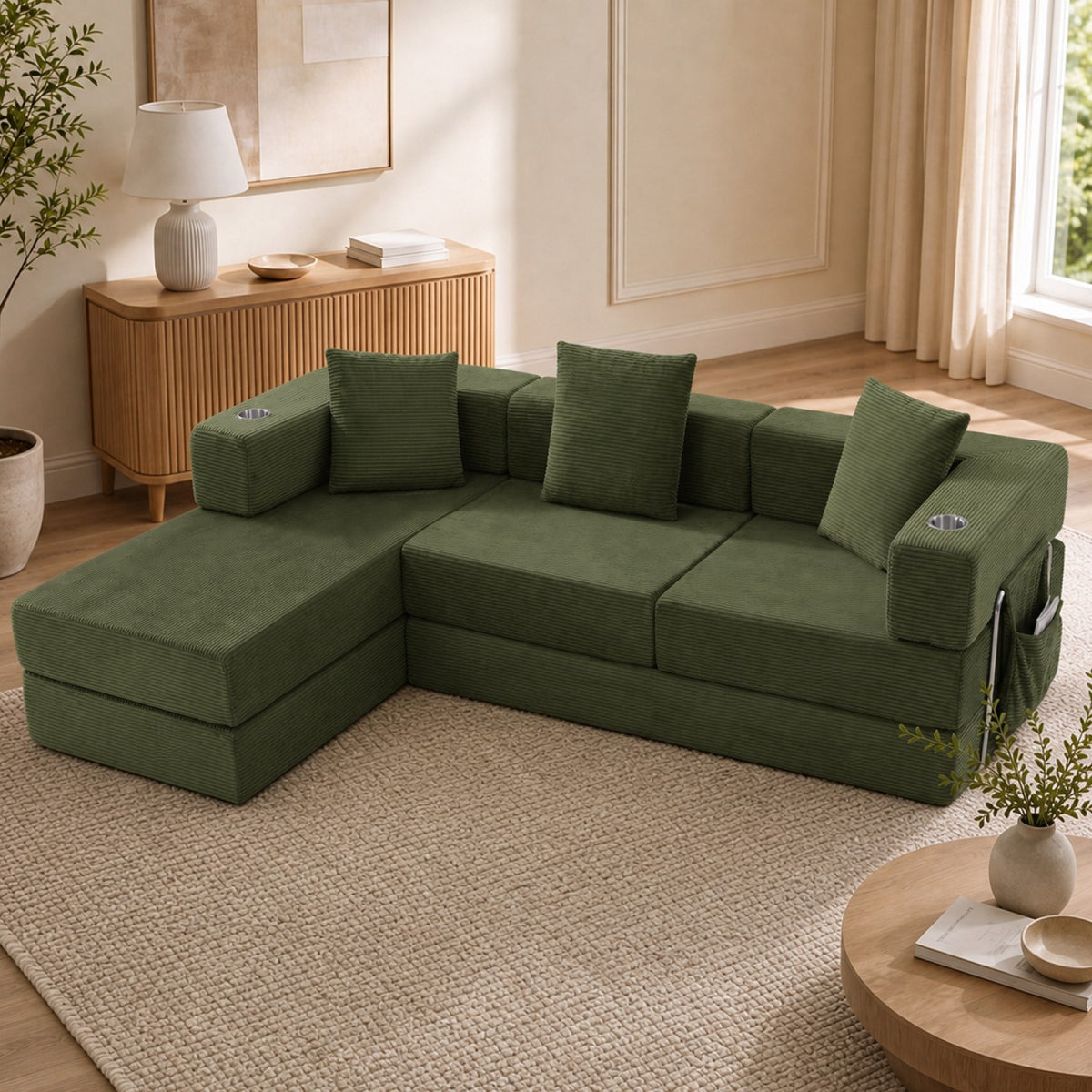 Corduroy Boneless Couch — 4-Seat — Green