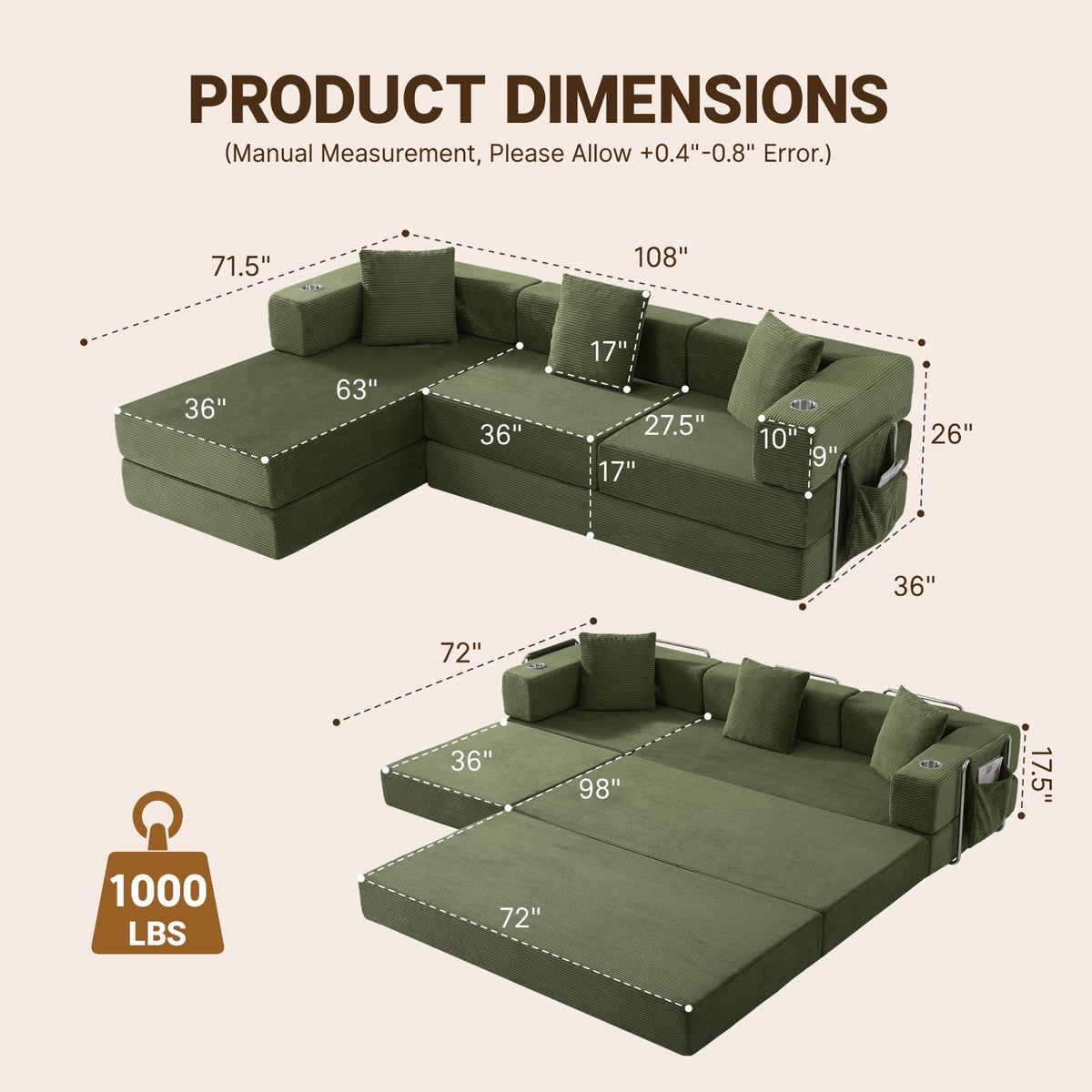 Corduroy Boneless Couch — 4-Seat — Green
