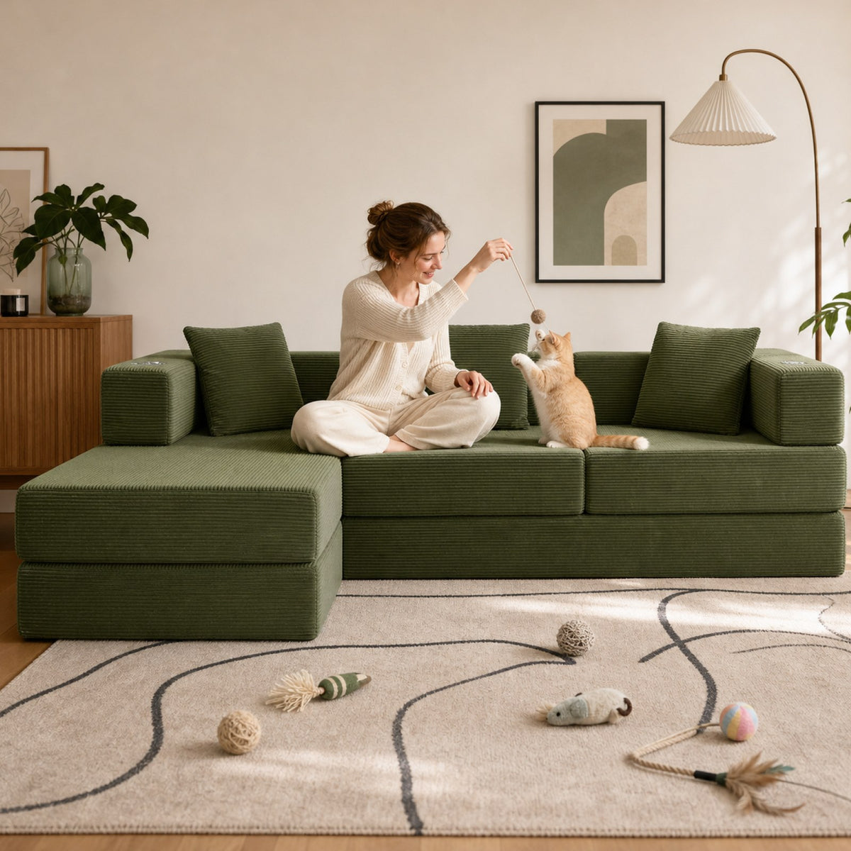 Corduroy Boneless Couch — 4-Seat — Green