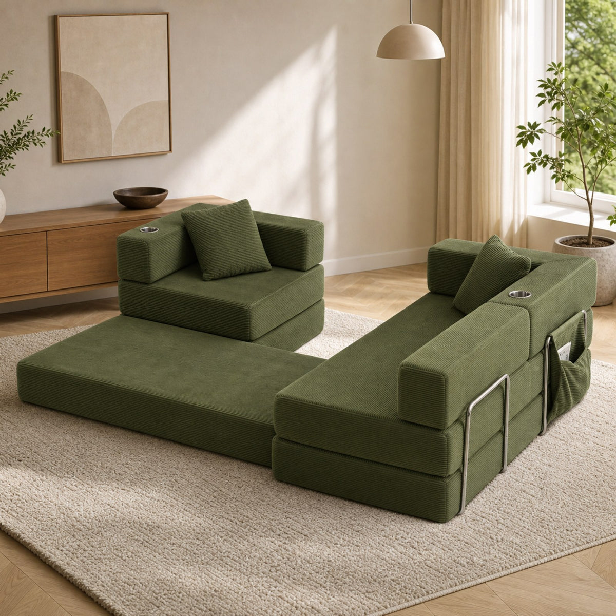 Corduroy Boneless Couch — 4-Seat — Green