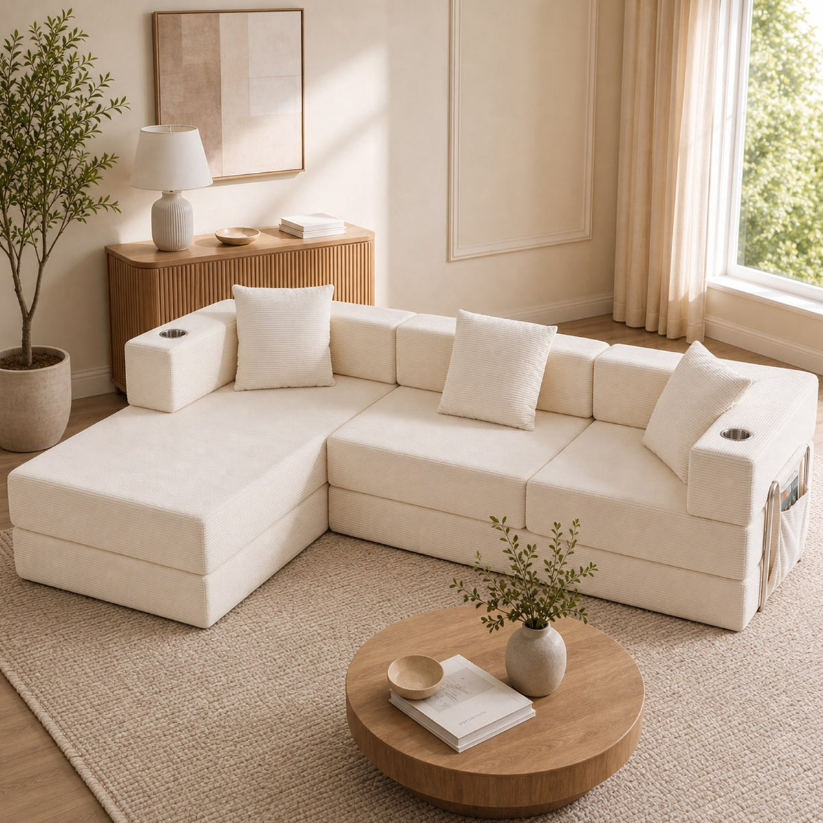 Corduroy Boneless Couch — 4-Seat — White