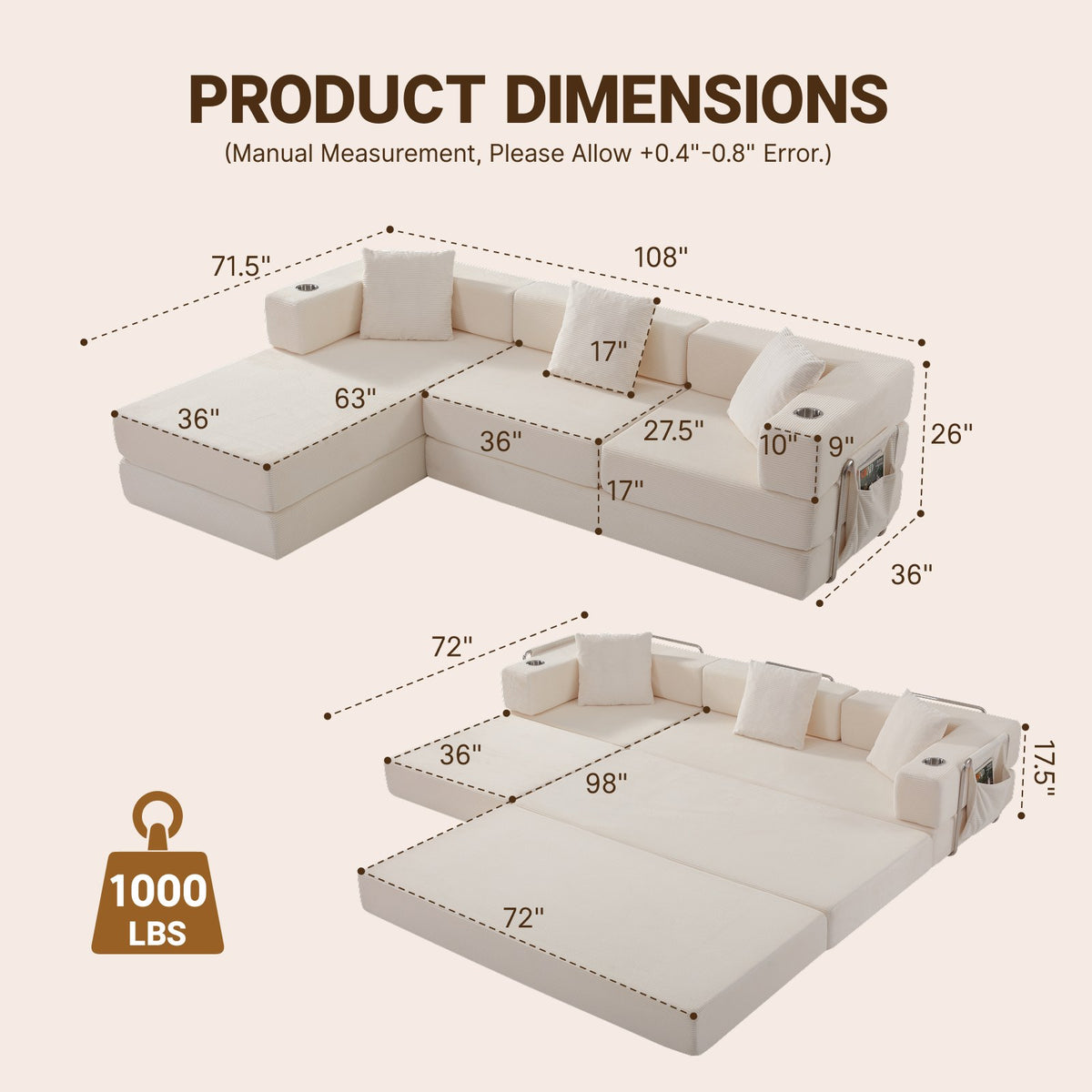 Corduroy Boneless Couch — 4-Seat — White