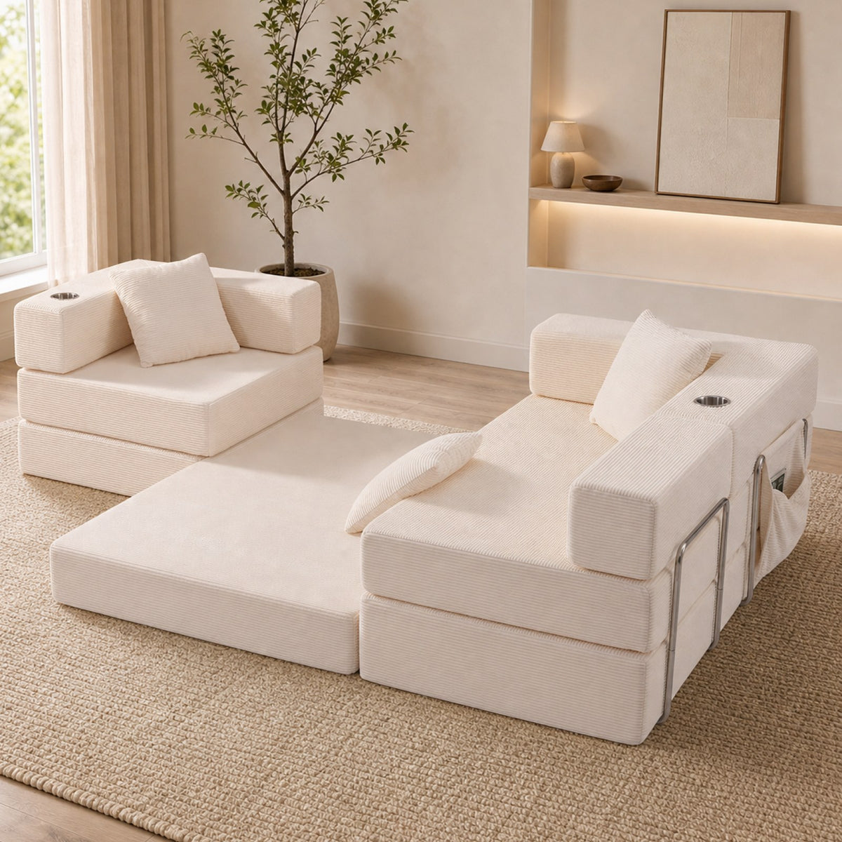 Corduroy Boneless Couch — 4-Seat — White