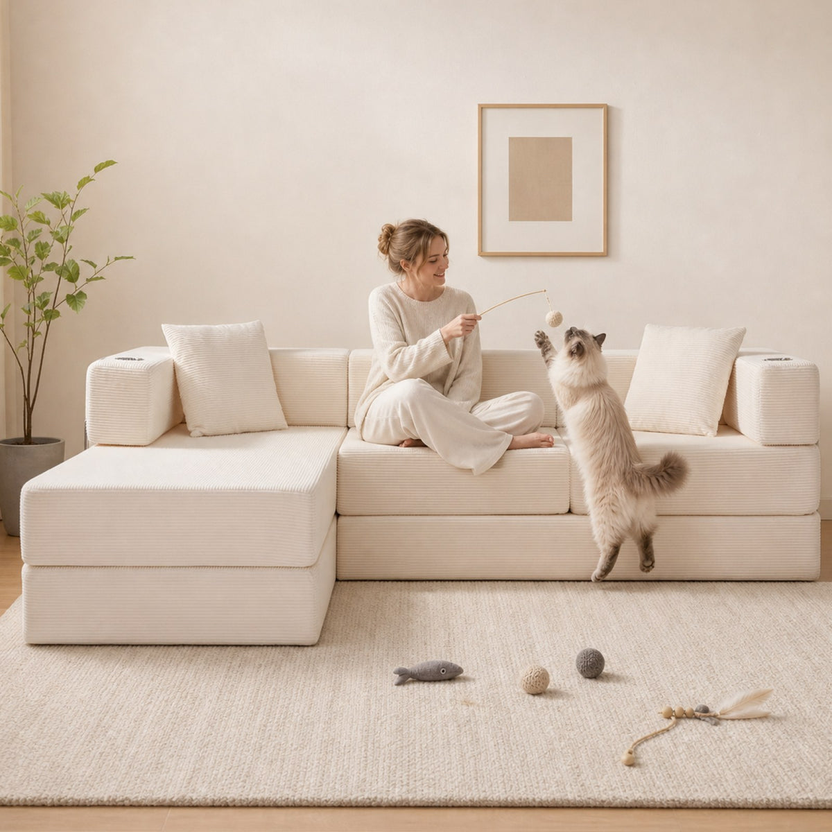 Corduroy Boneless Couch — 4-Seat — White