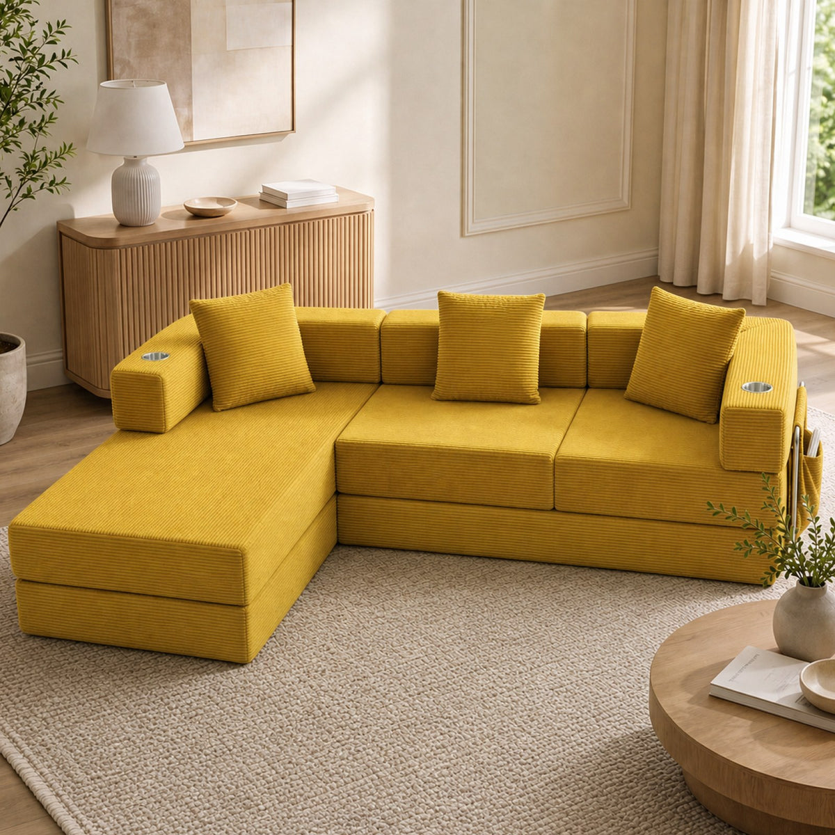 Corduroy Boneless Couch — 4-Seat — Yellow