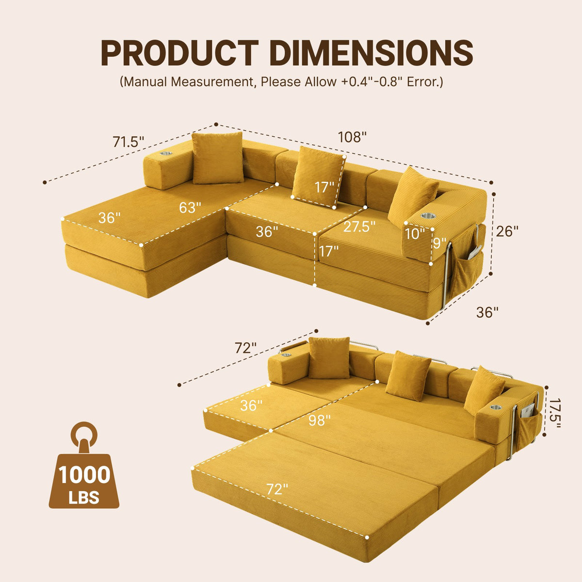 Corduroy Boneless Couch — 4-Seat — Yellow