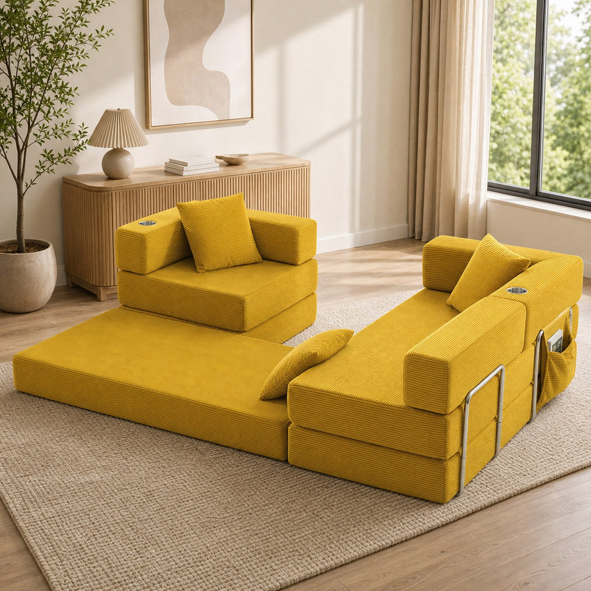 Corduroy Boneless Couch — 4-Seat — Yellow