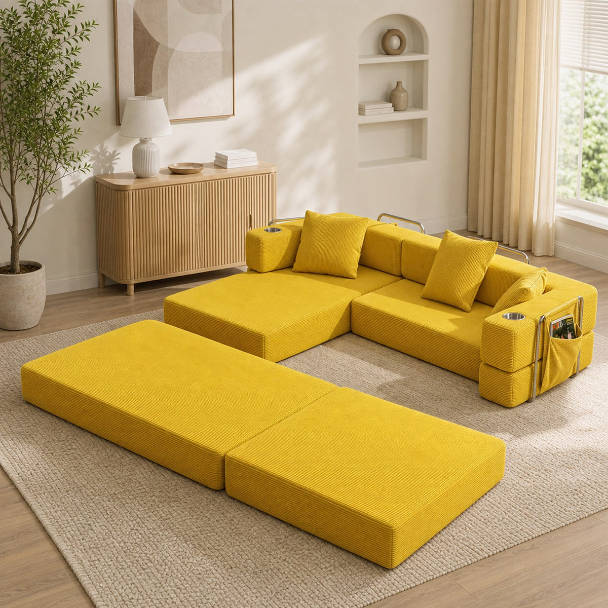 Corduroy Boneless Couch — 4-Seat — Yellow