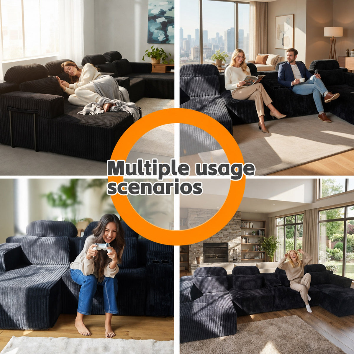 Corduroy Boneless Couch — 6-Seat — Black