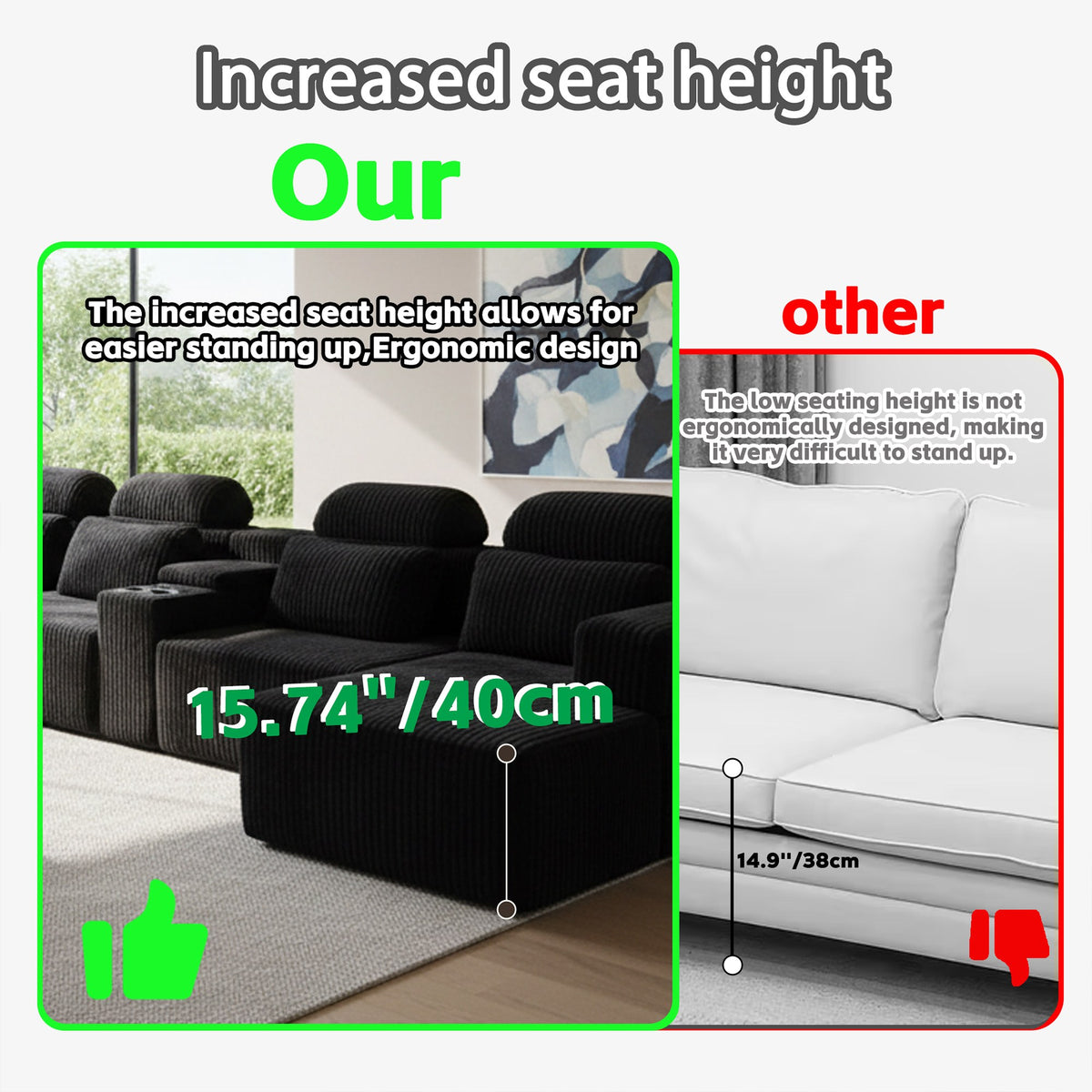 Corduroy Boneless Couch — 6-Seat — Black