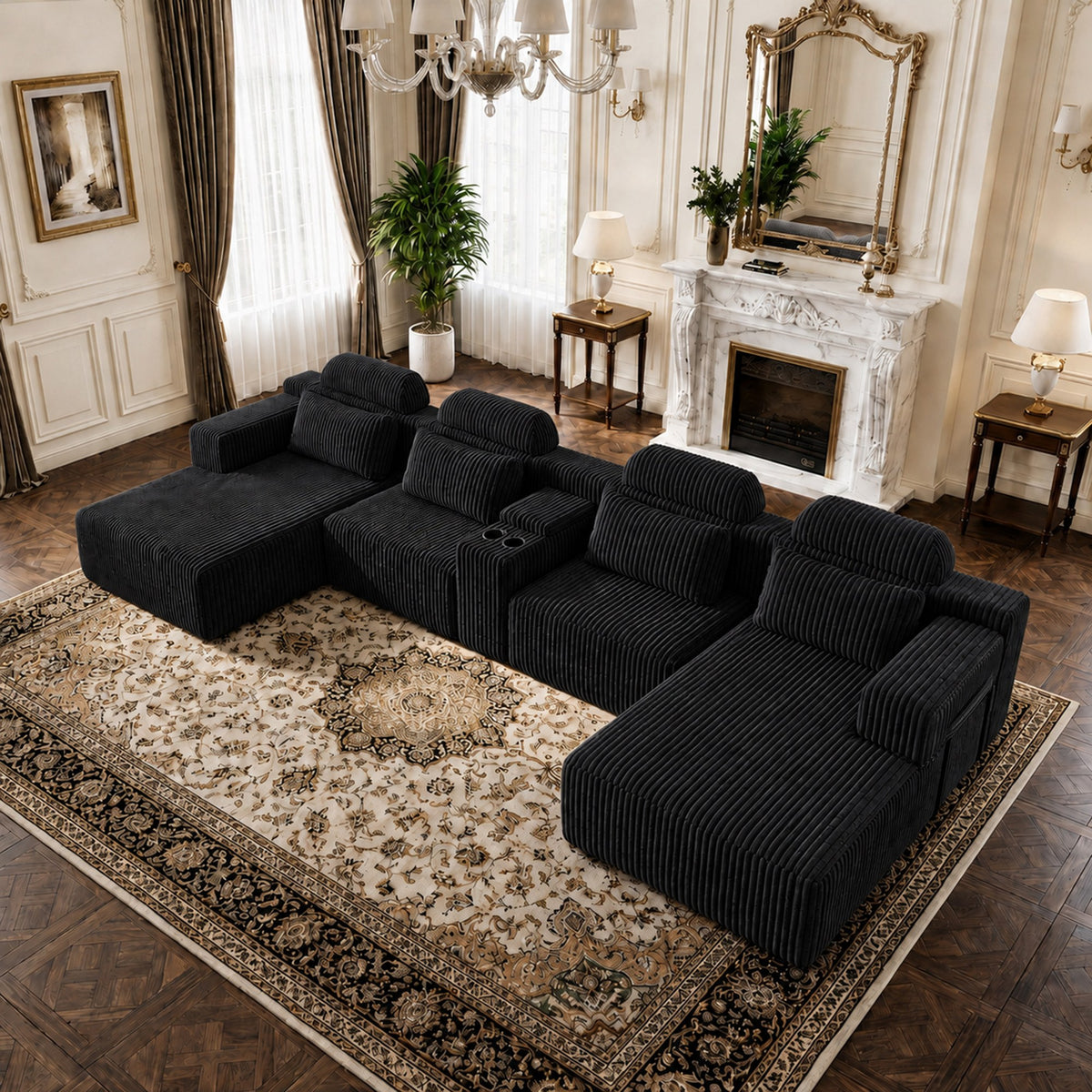 Corduroy Boneless Couch — 6-Seat — Black