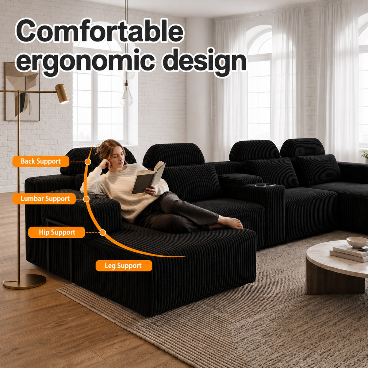 Corduroy Boneless Couch — 6-Seat — Black