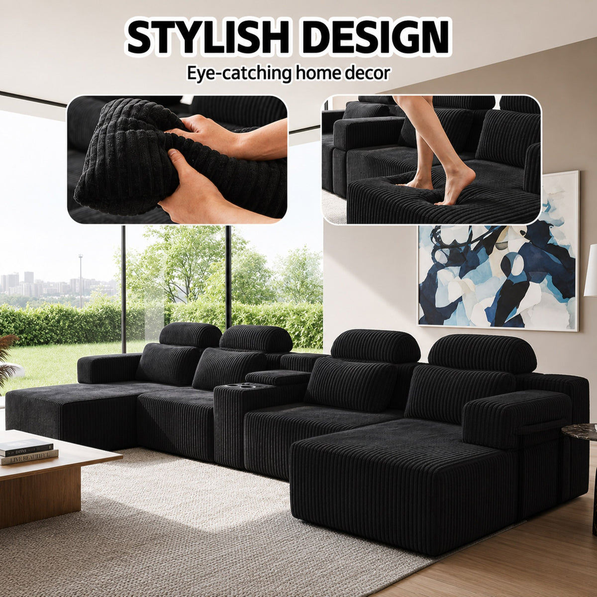 Corduroy Boneless Couch — 6-Seat — Black