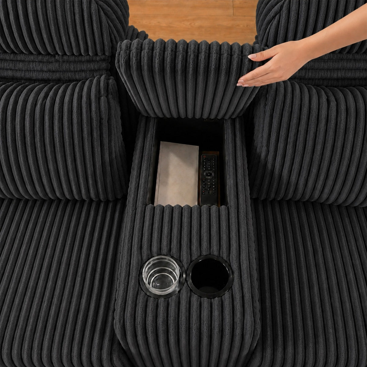 Corduroy Boneless Couch — 6-Seat — Black