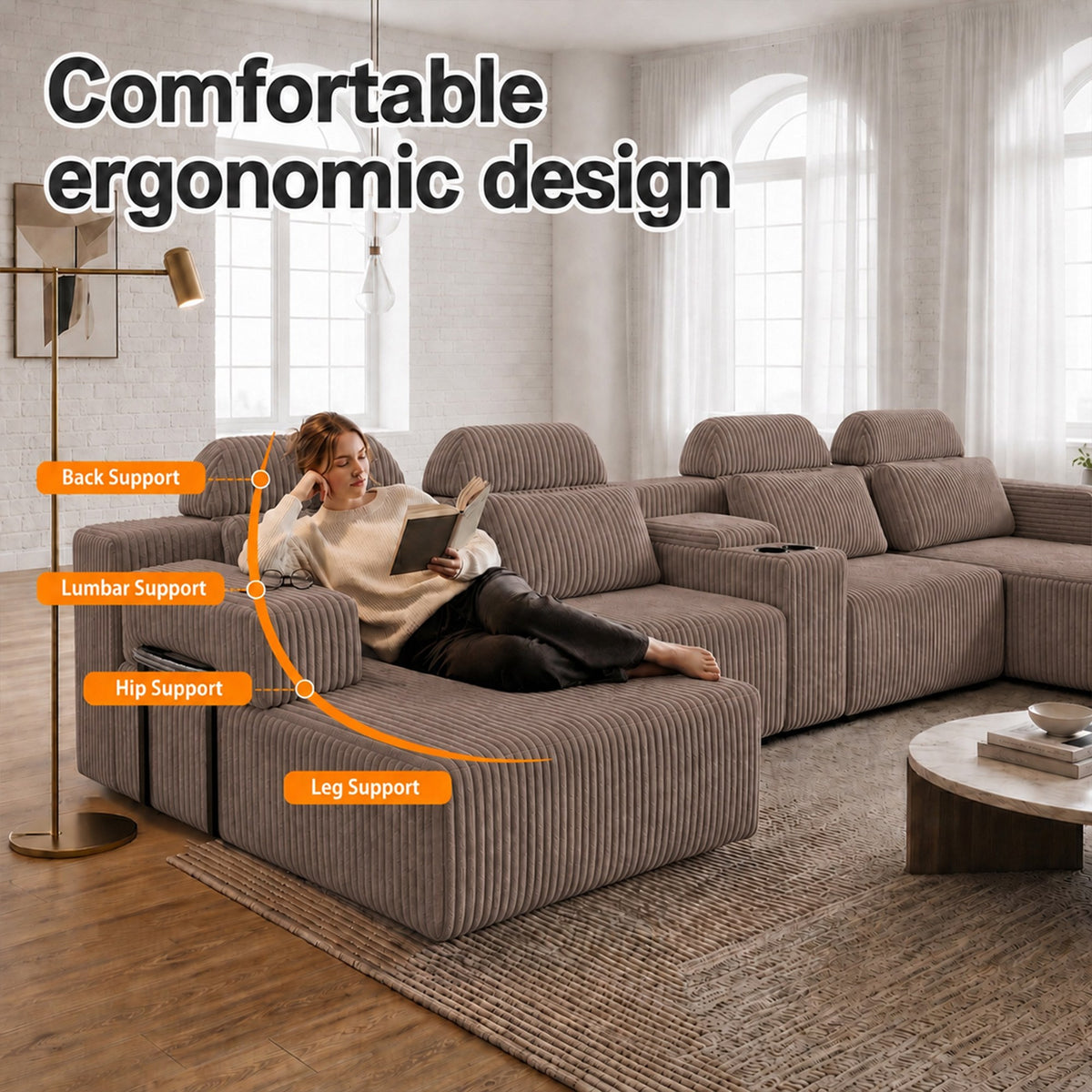 Corduroy Boneless Couch — 6-Seat — Coffee