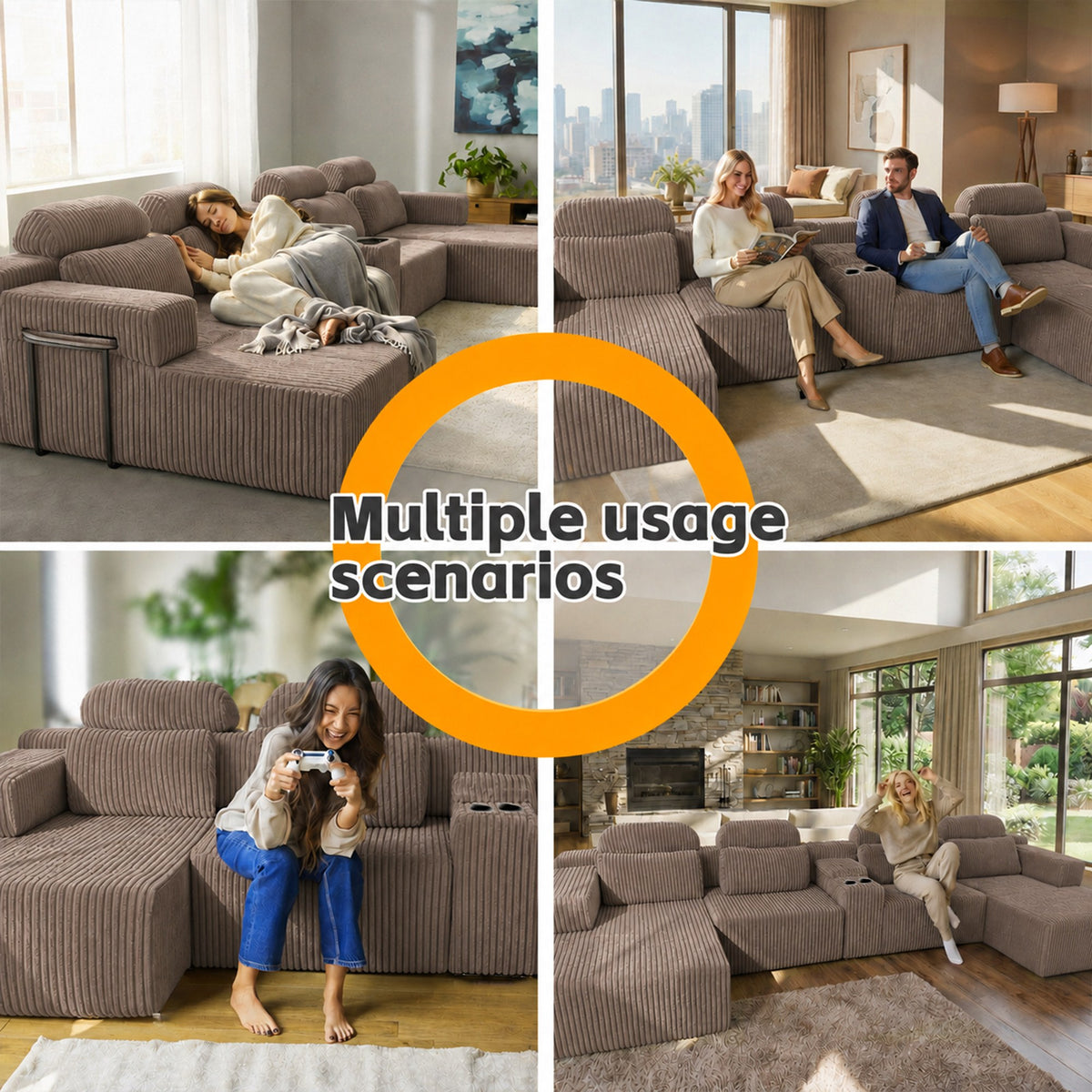 Corduroy Boneless Couch — 6-Seat — Coffee