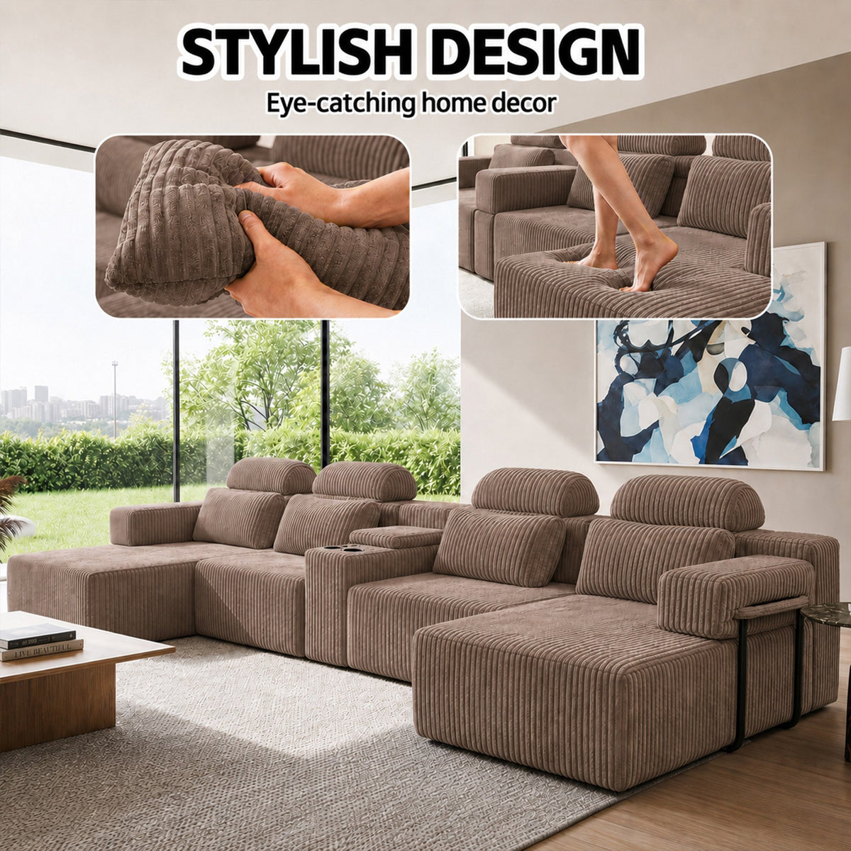 Corduroy Boneless Couch — 6-Seat — Coffee