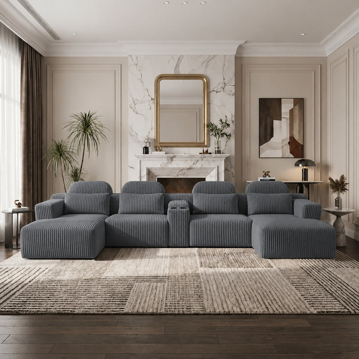 Corduroy Boneless Couch — 6-Seat — Dark Gray