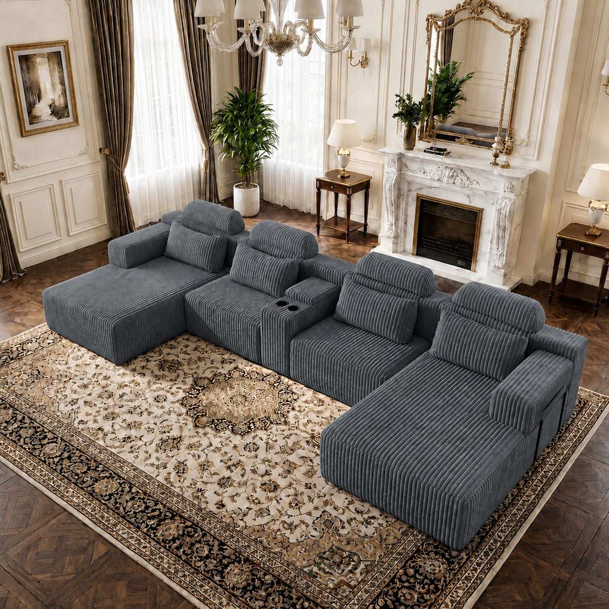 Corduroy Boneless Couch — 6-Seat — Dark Gray