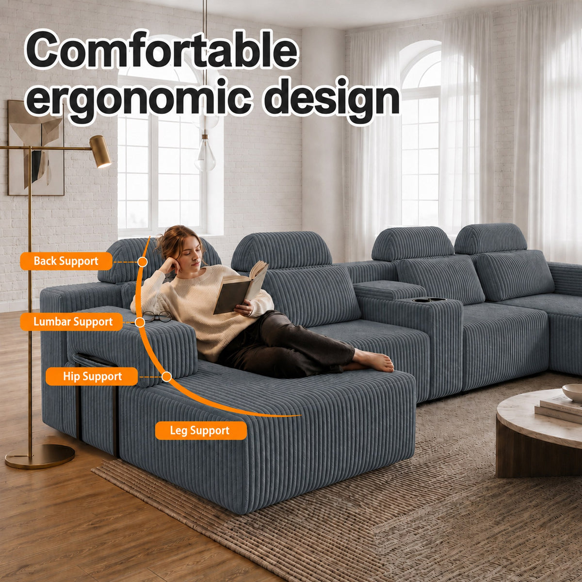Corduroy Boneless Couch — 6-Seat — Dark Gray