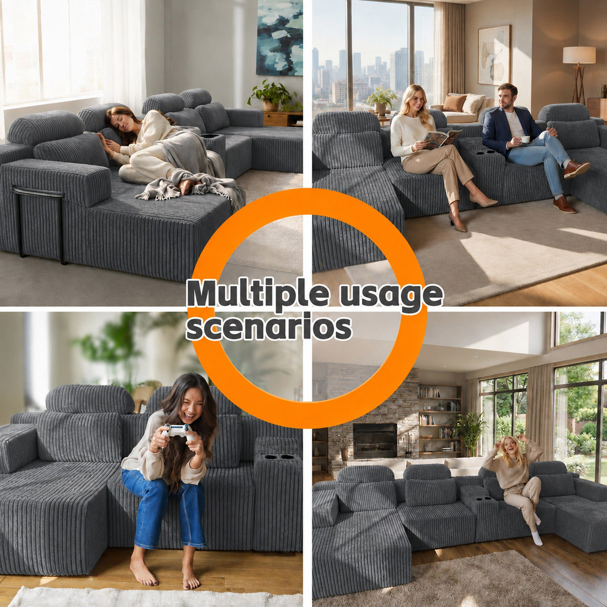 Corduroy Boneless Couch — 6-Seat — Dark Gray