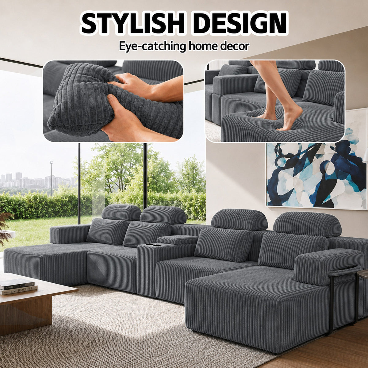 Corduroy Boneless Couch — 6-Seat — Dark Gray