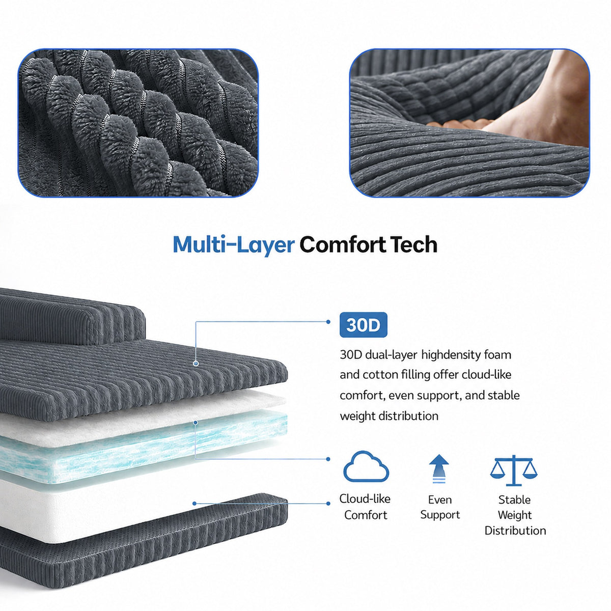Corduroy Boneless Couch — 6-Seat — Dark Gray