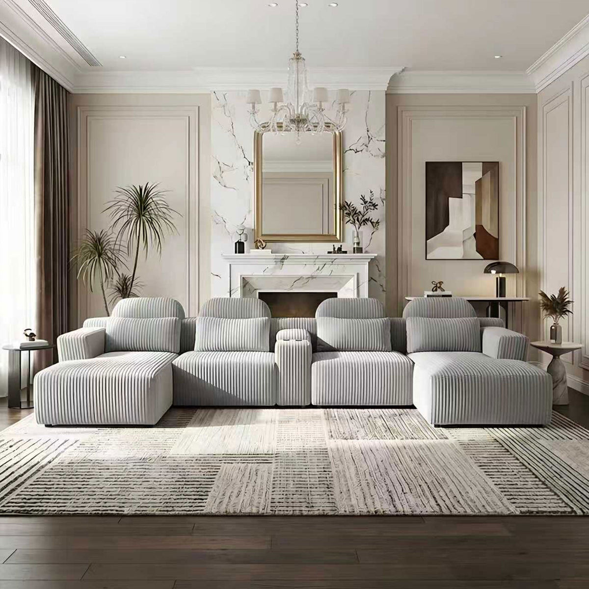 Corduroy Boneless Couch — 6-Seat — Gray