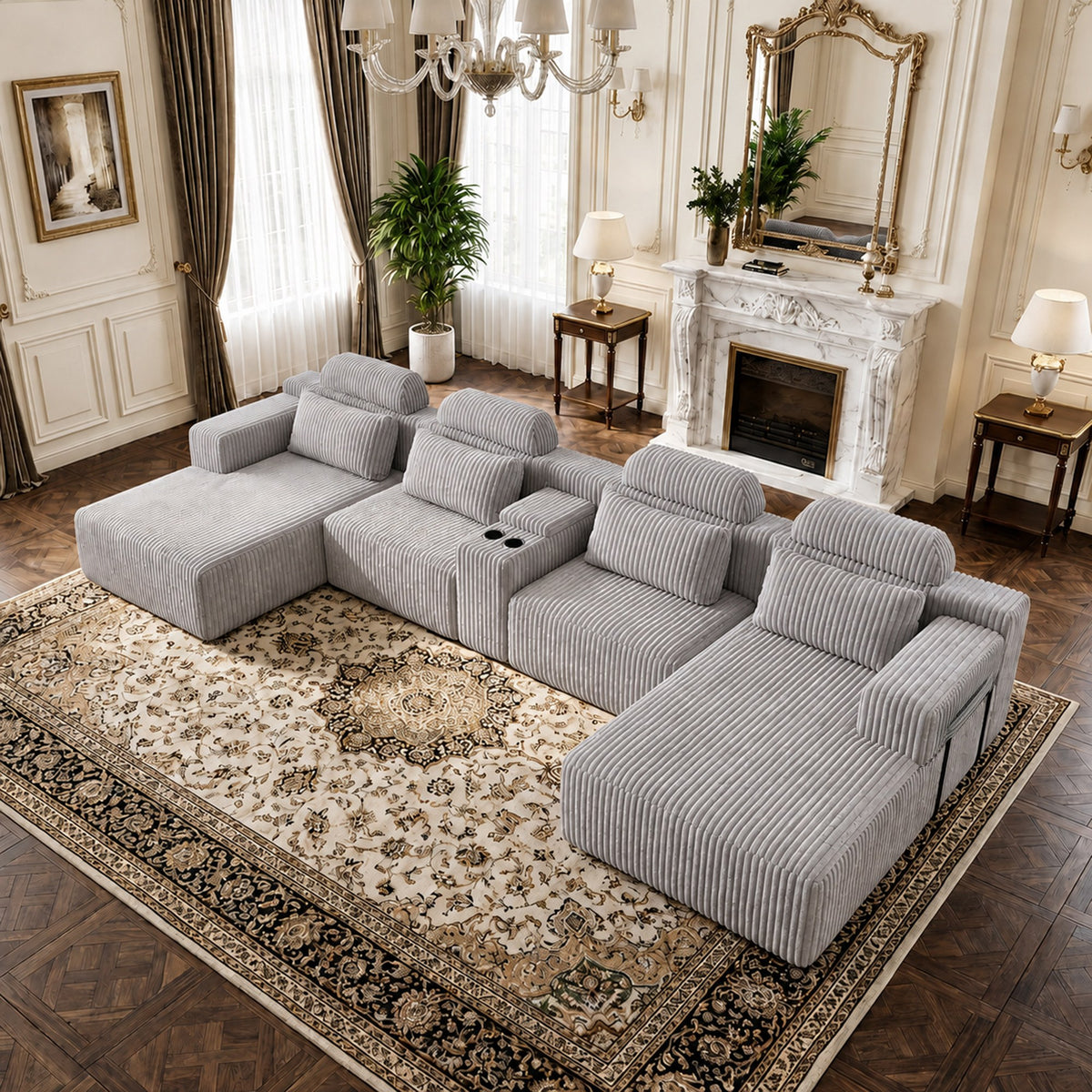 Corduroy Boneless Couch — 6-Seat — Gray