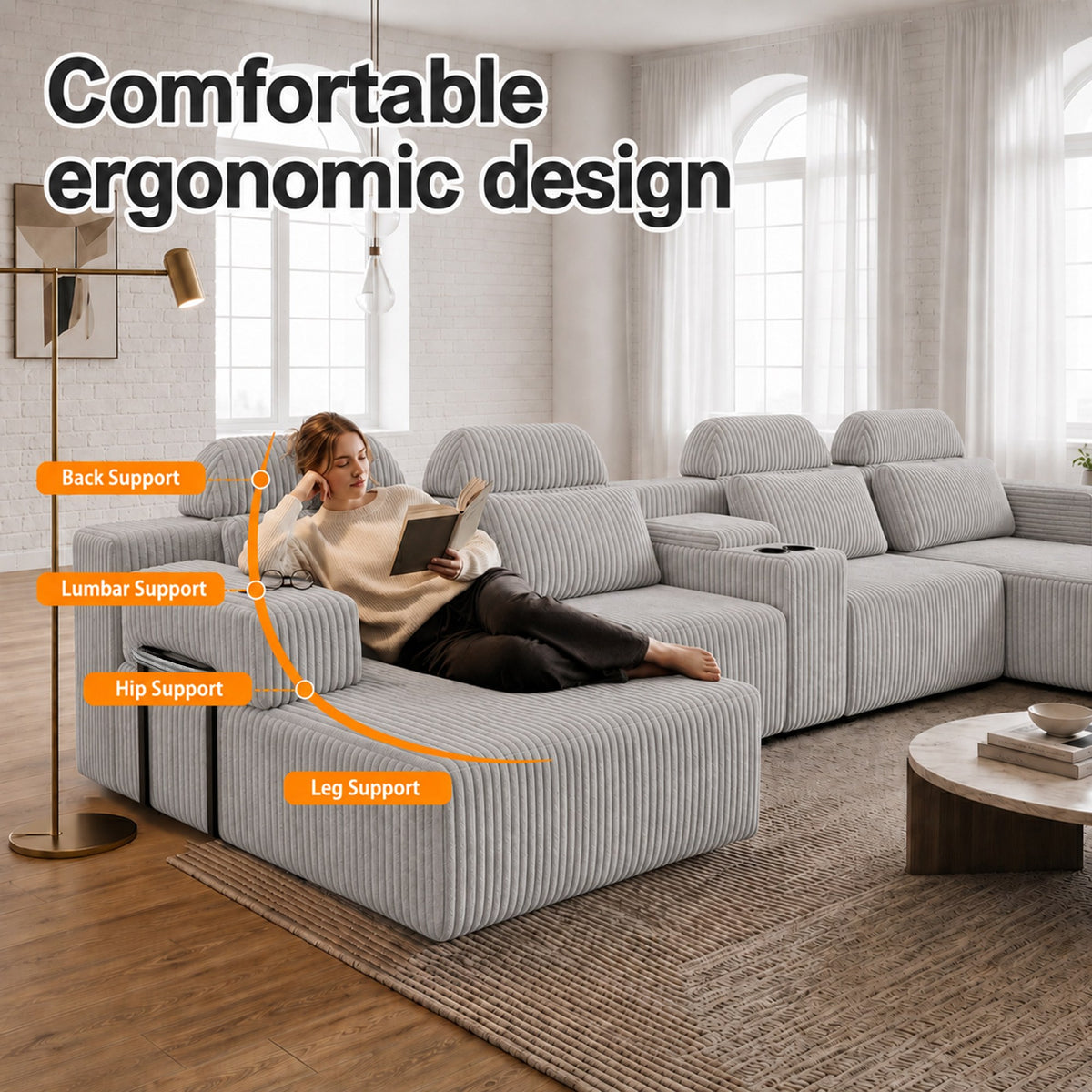 Corduroy Boneless Couch — 6-Seat — Gray