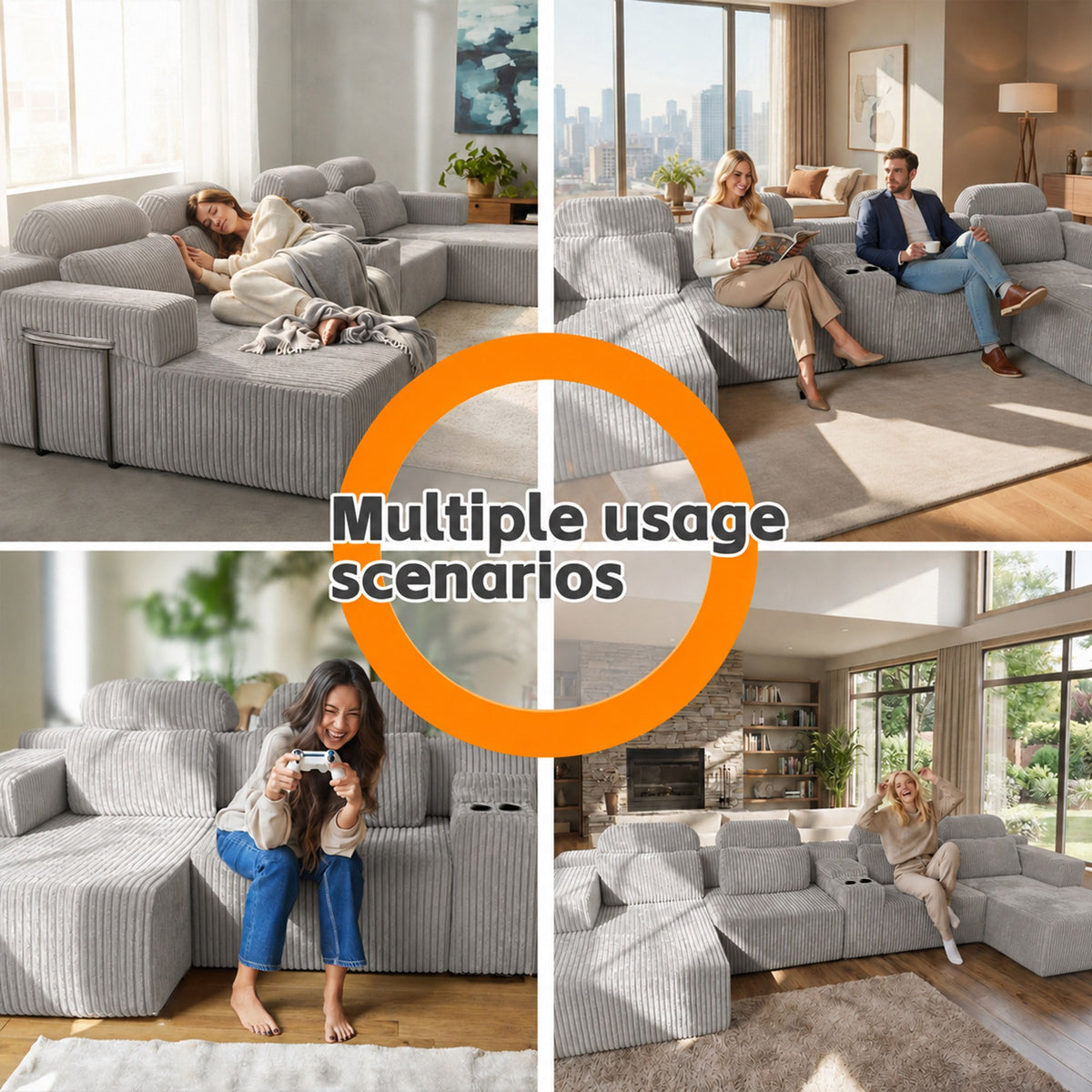Corduroy Boneless Couch — 6-Seat — Gray
