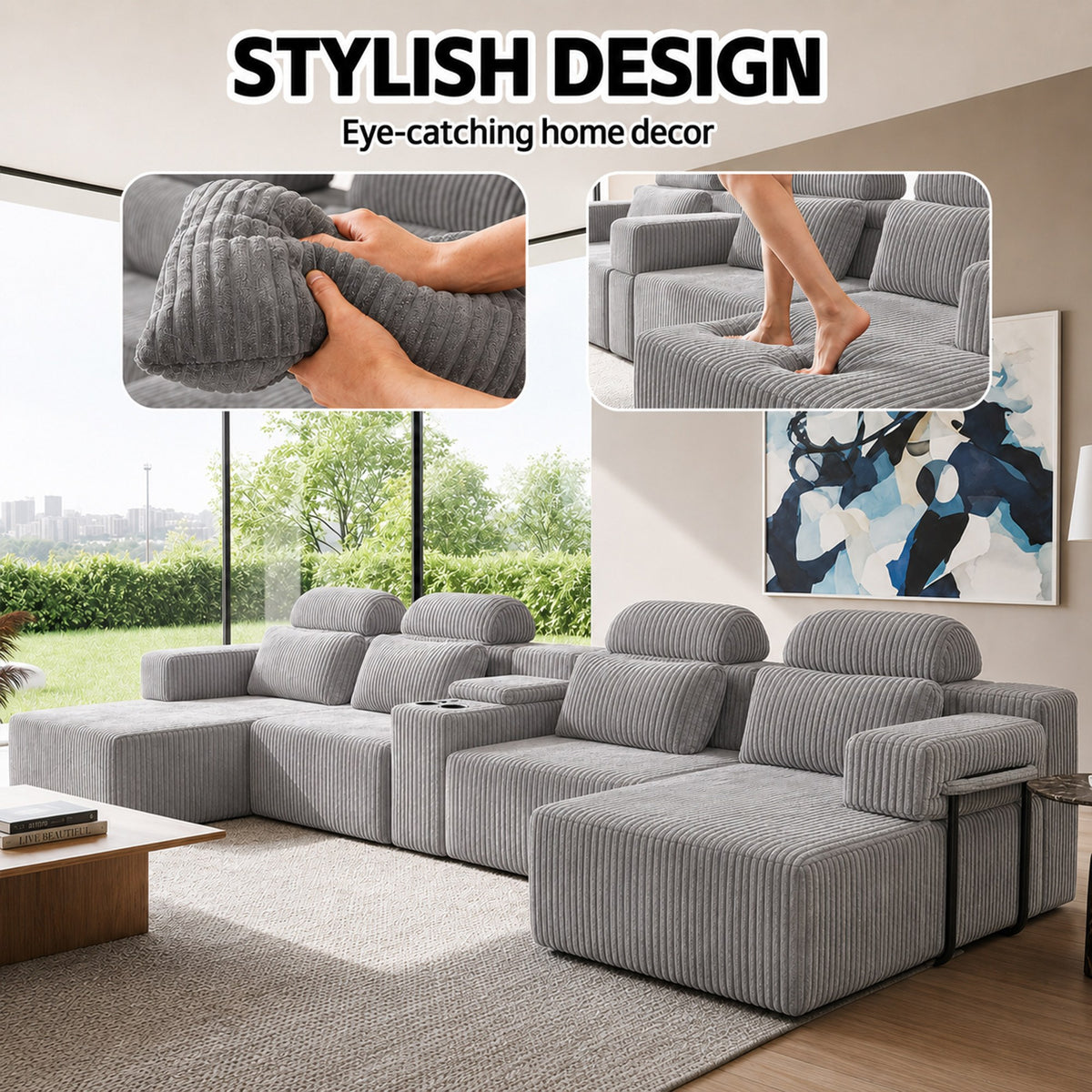 Corduroy Boneless Couch — 6-Seat — Gray