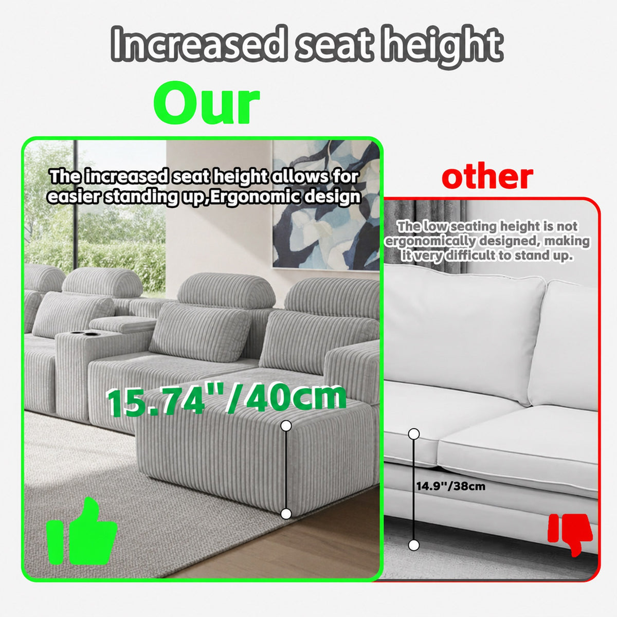 Corduroy Boneless Couch — 6-Seat — Gray