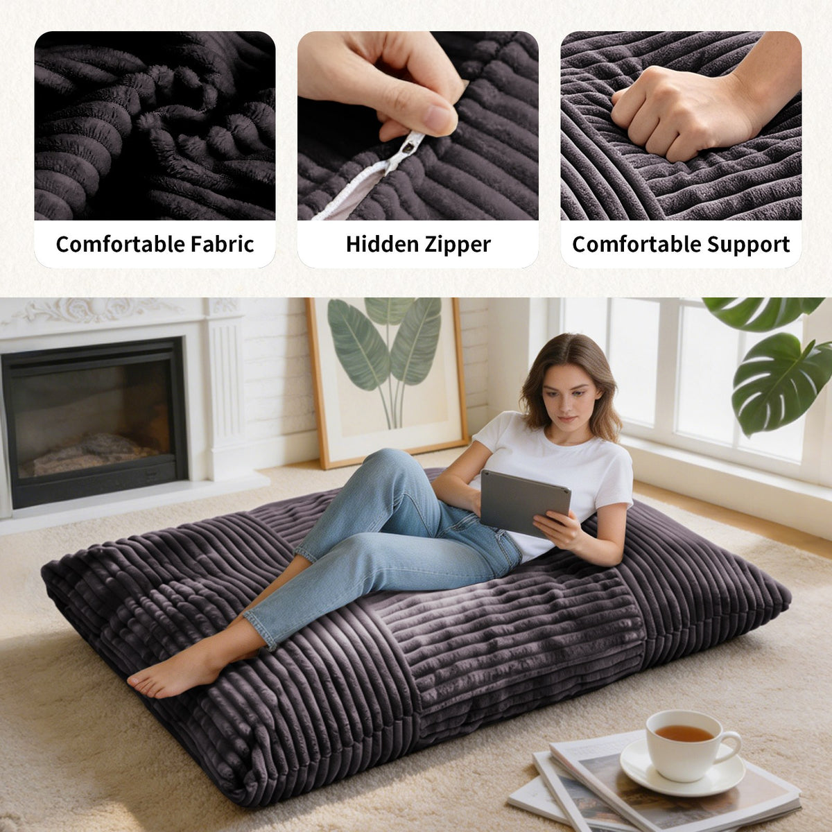 Corduroy Boneless Lounge Chair — 1-Seat, 49"W — Dark Grey
