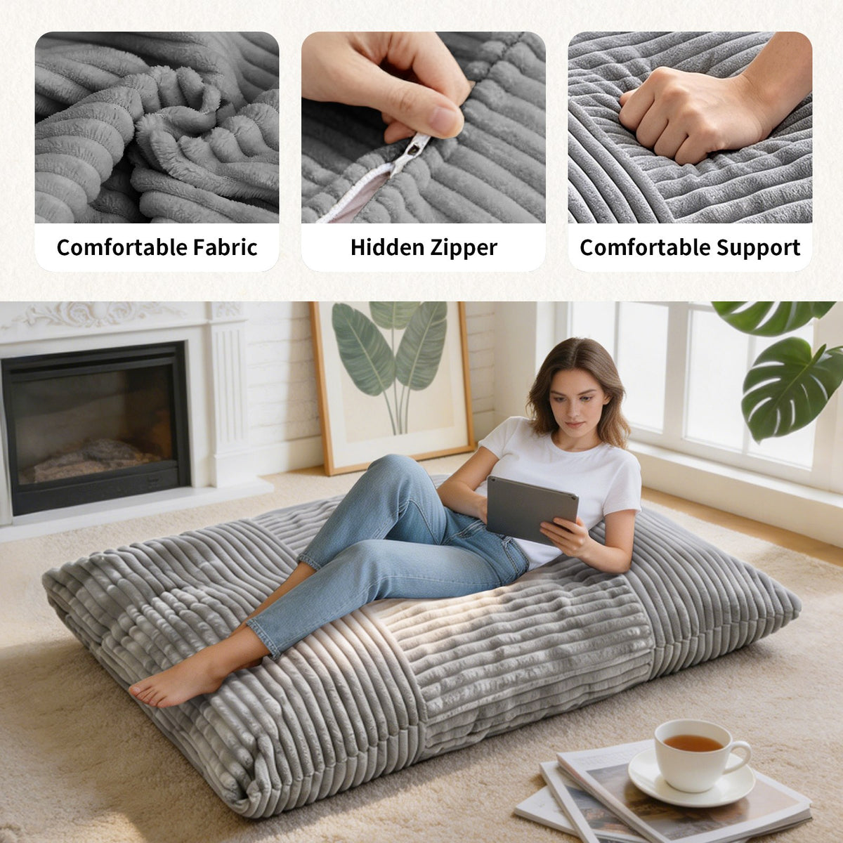 Corduroy Boneless Lounge Chair — 1-Seat, 49"W — Light Gray
