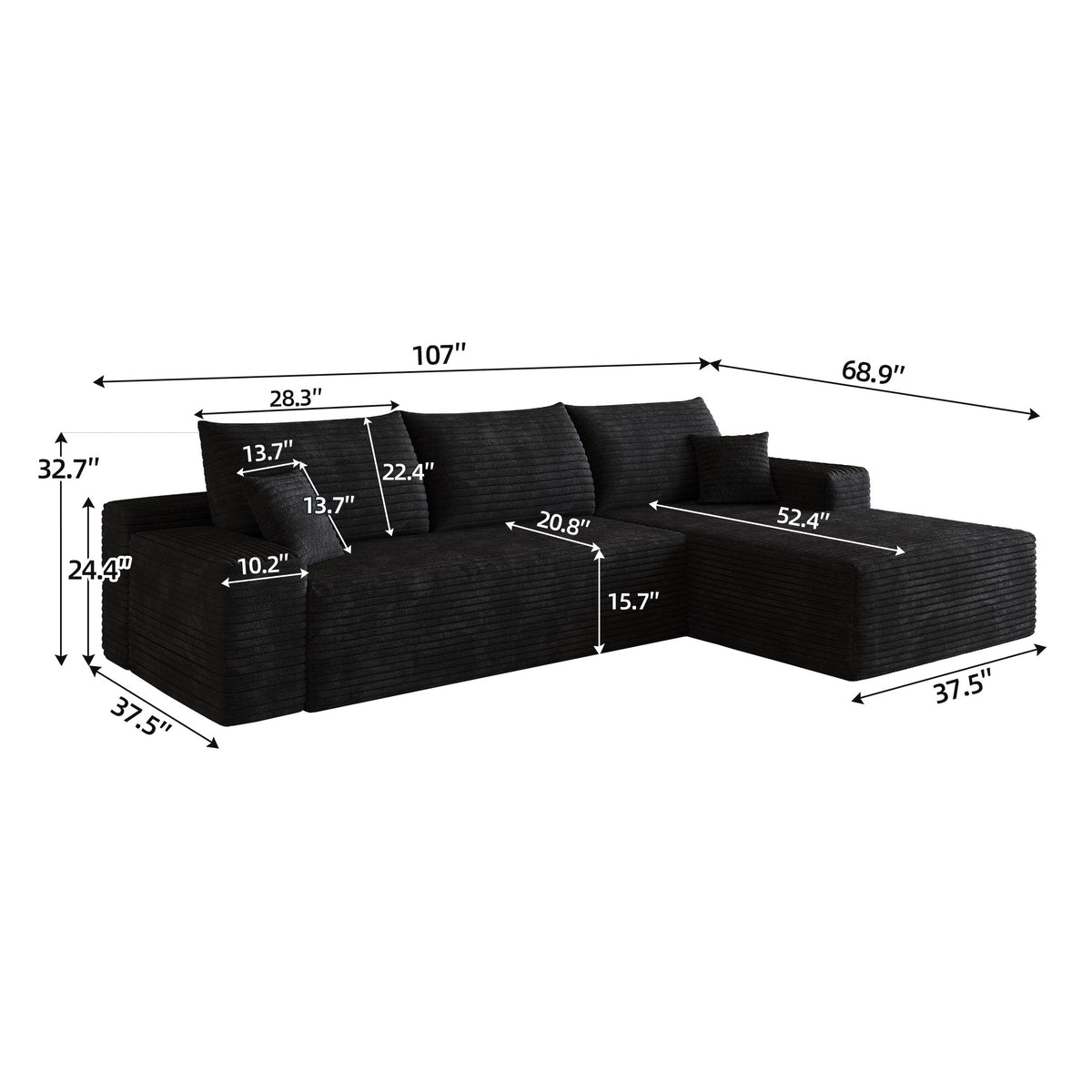 Corduroy Boneless Loveseat — 2-Seat — Black