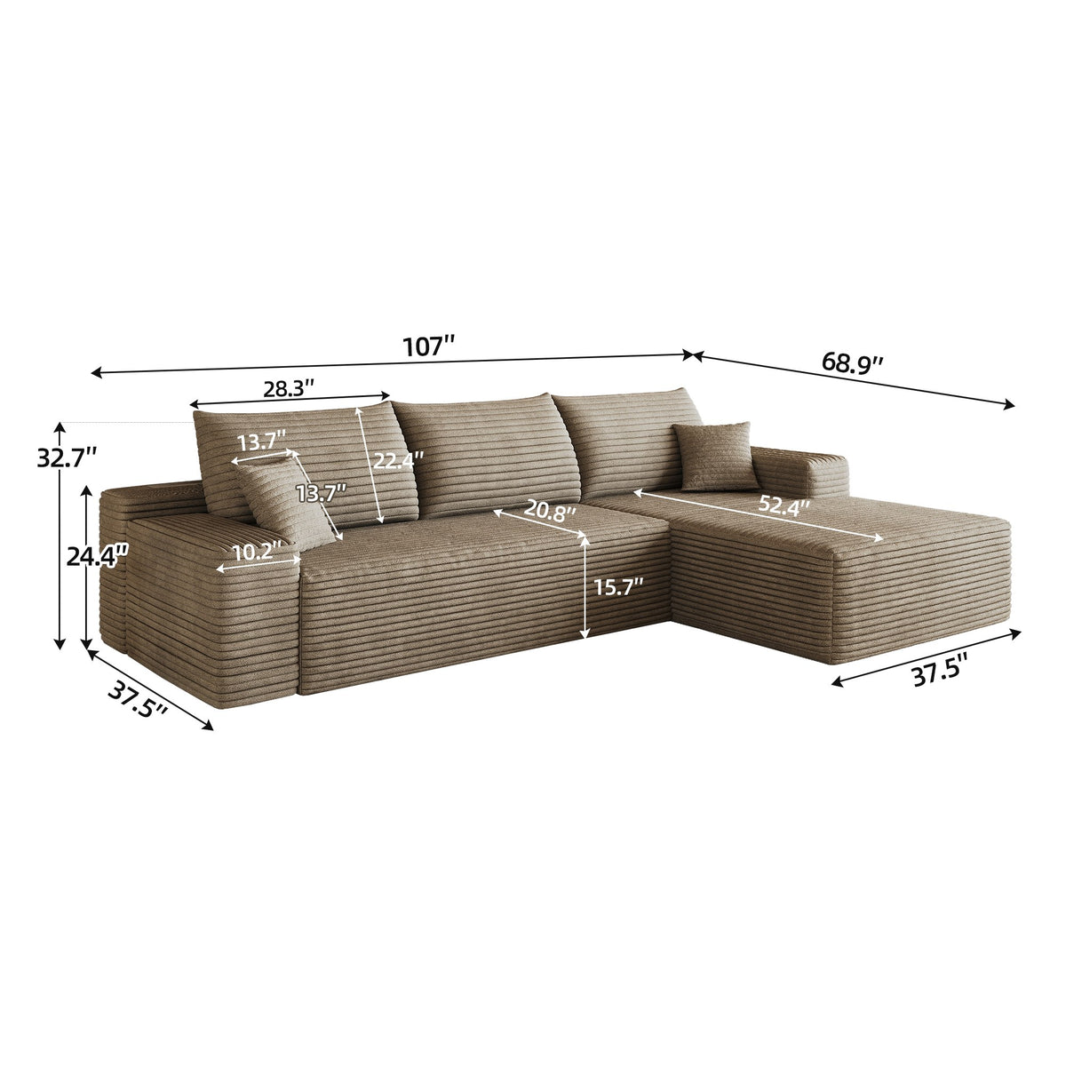 Corduroy Boneless Loveseat — 2-Seat — Camel