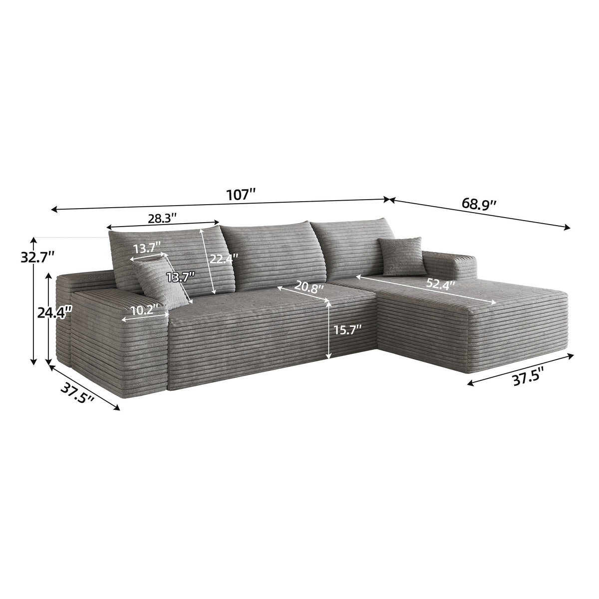 Corduroy Boneless Loveseat — 2-Seat — Grey
