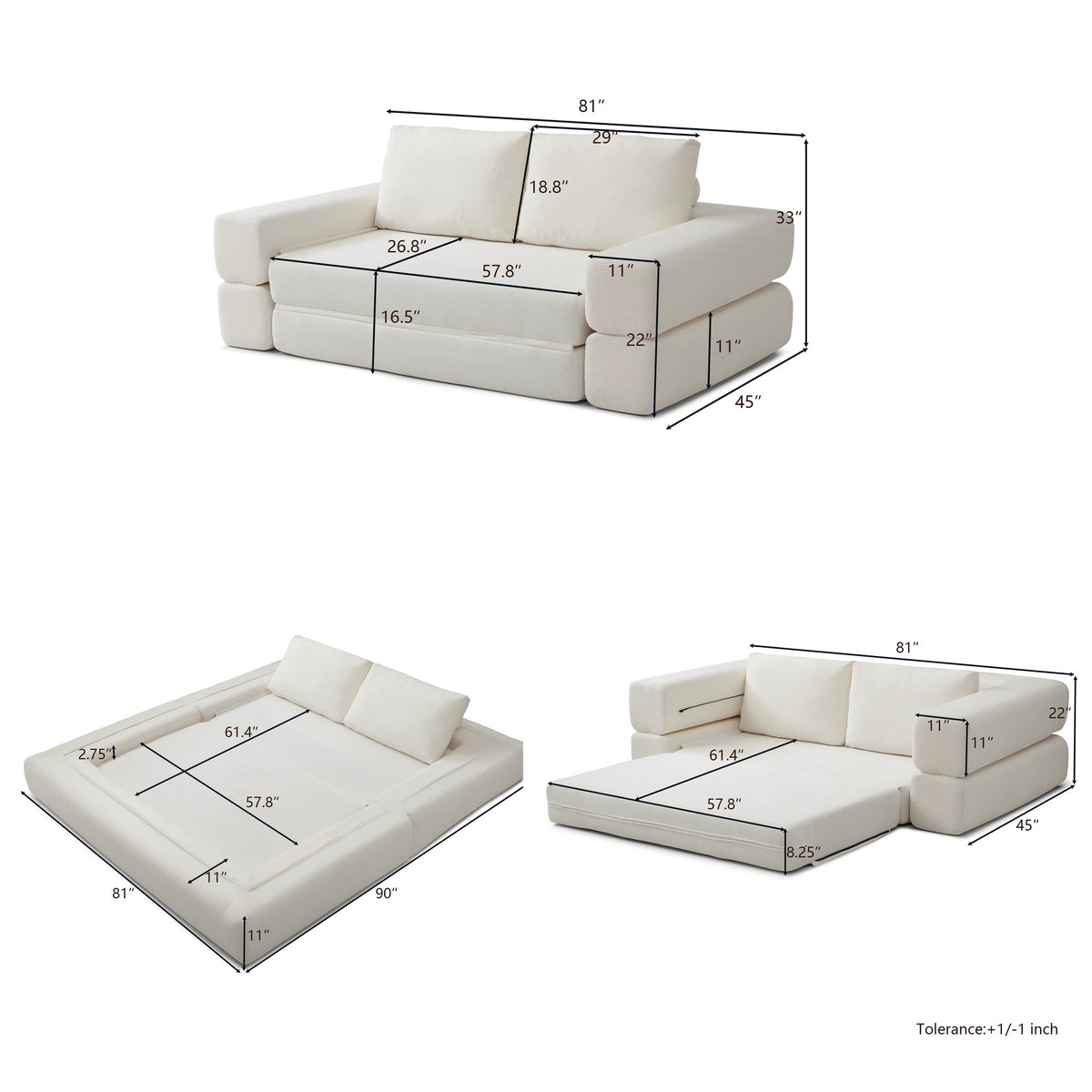 Dimensions: 81 in wide, 45 in deep, 33 in high, 16.5 in seat height; bed 81 by 90 in — dimensions — Beige
