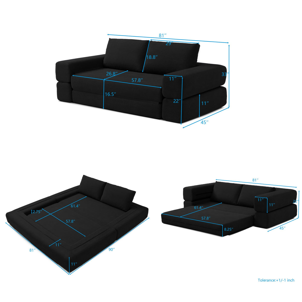 Dimensions: 81 in wide, 45 in deep, 33 in high, 16.5 in seat height; bed 81 by 90 in — dimensions — Black