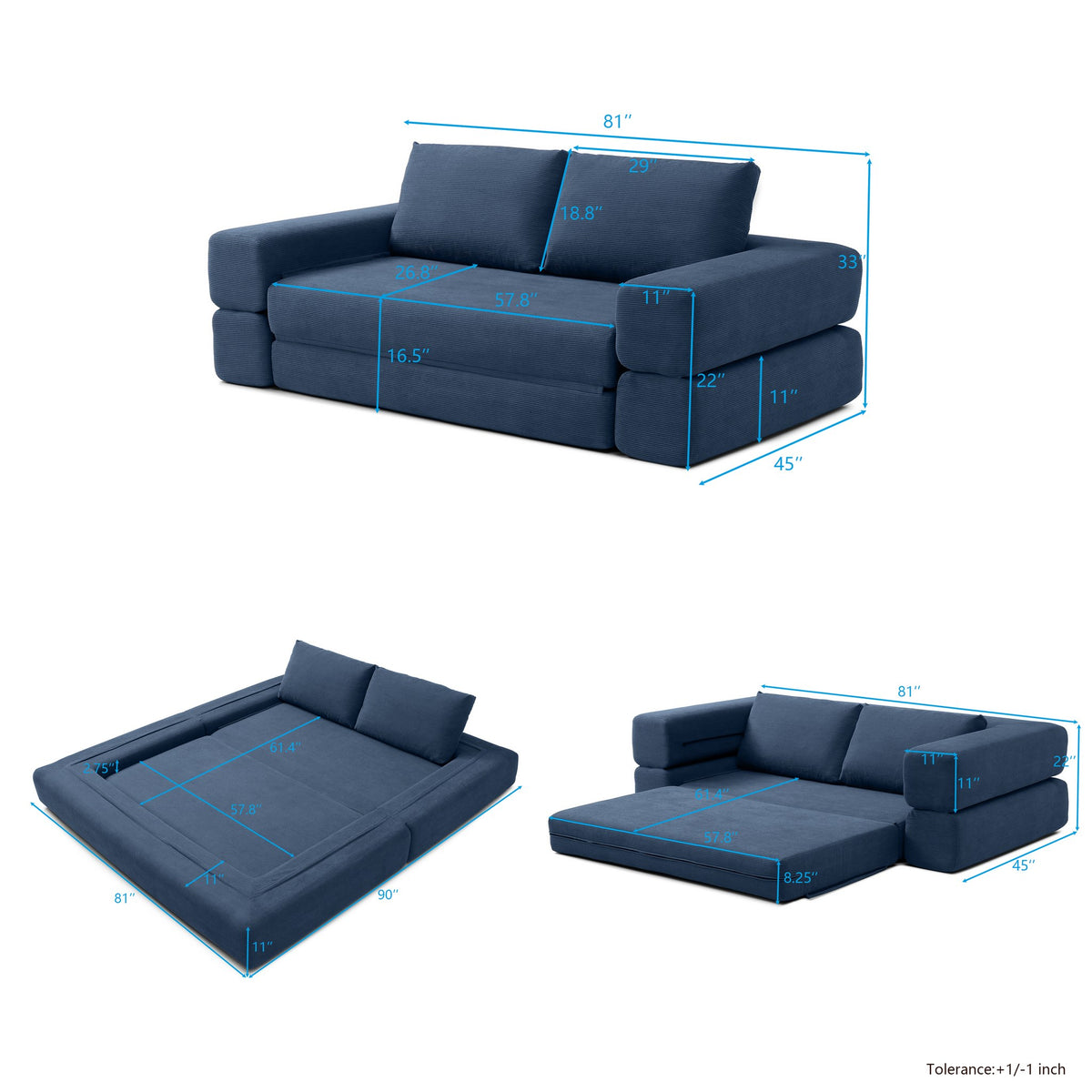 Dimensions: 81 in wide, 45 in deep, 33 in high, 16.5 in seat height; bed 81 by 90 in — dimensions — Blue