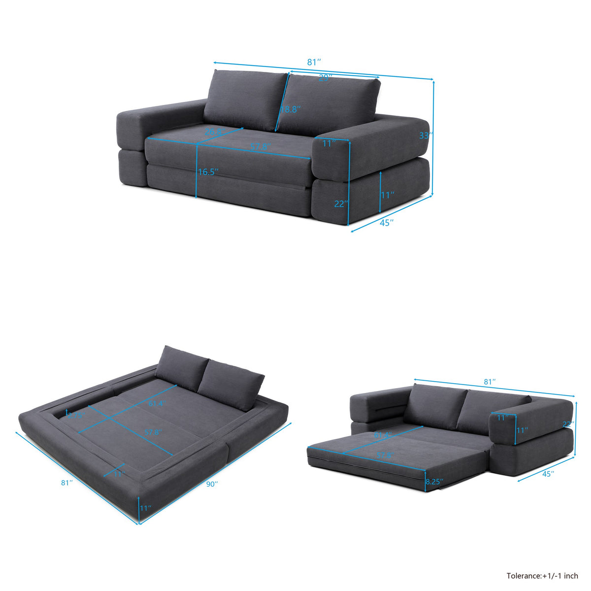 Dimensions: 81 in wide, 45 in deep, 33 in high, 16.5 in seat height; bed 81 by 90 in — dimensions — Gray